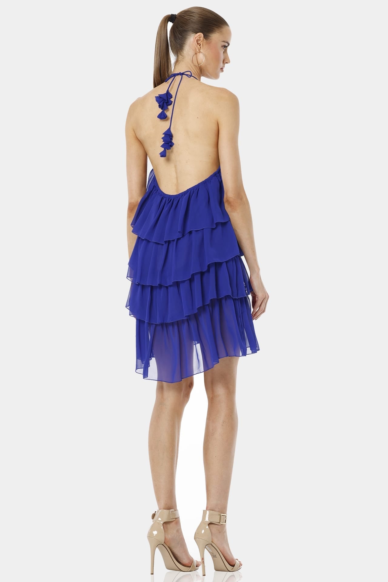 Blue Mini Ruffle Dress With Cross Neckline