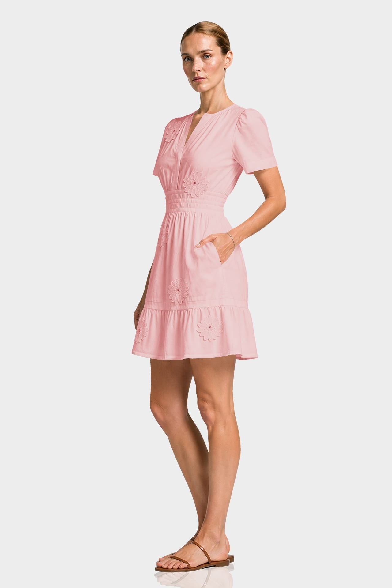 3D Floral Appliqué Hand Embroidered Mini Dress with Short Sleeves – Country Club Floral Mini Dress