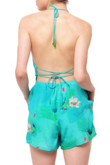Aqua Floral Print High Waist Romper