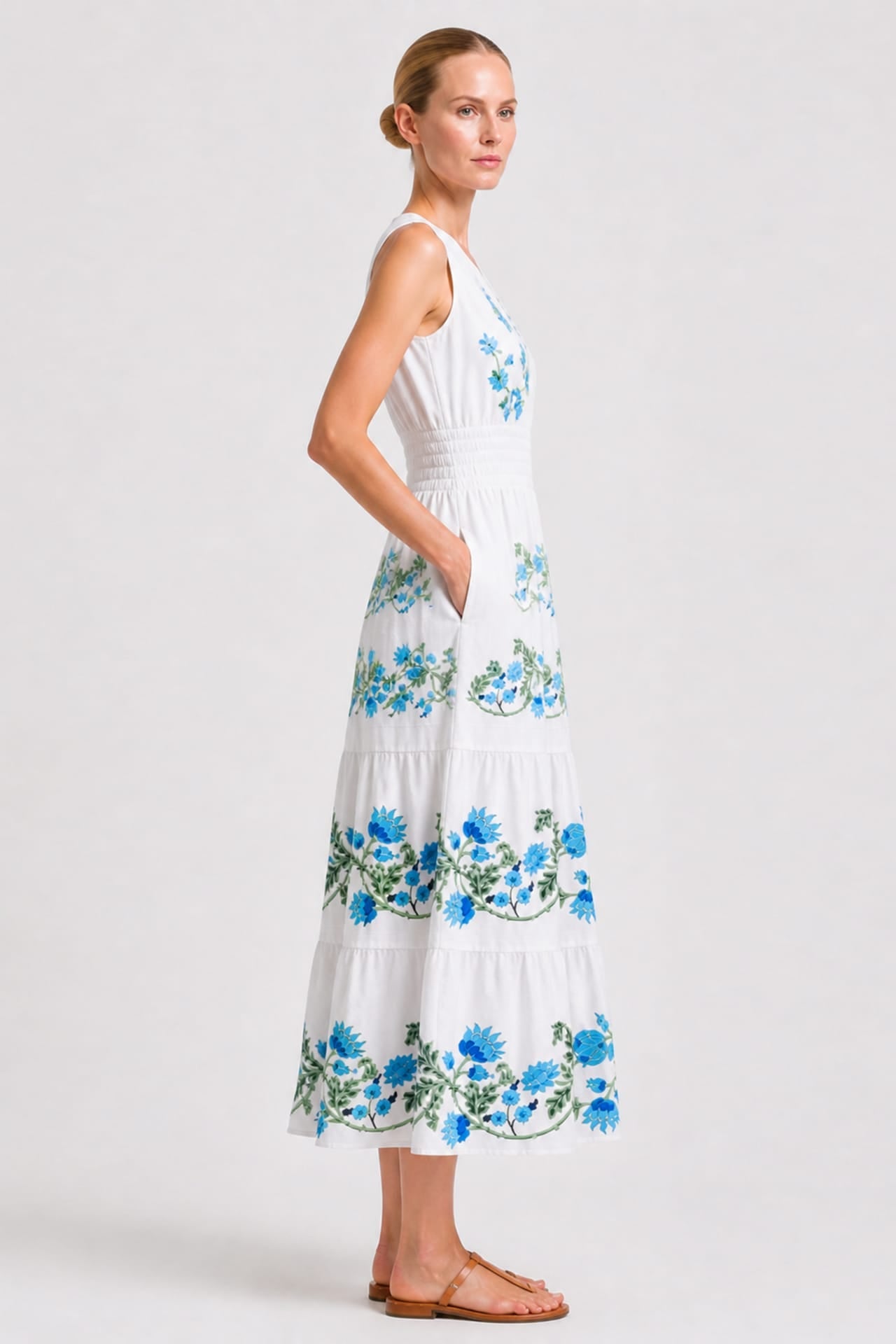Blue & White Sleeveless Floral Cotton Poplin Midi Dress