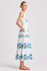 Blue & White Sleeveless Floral Cotton Poplin Midi Dress