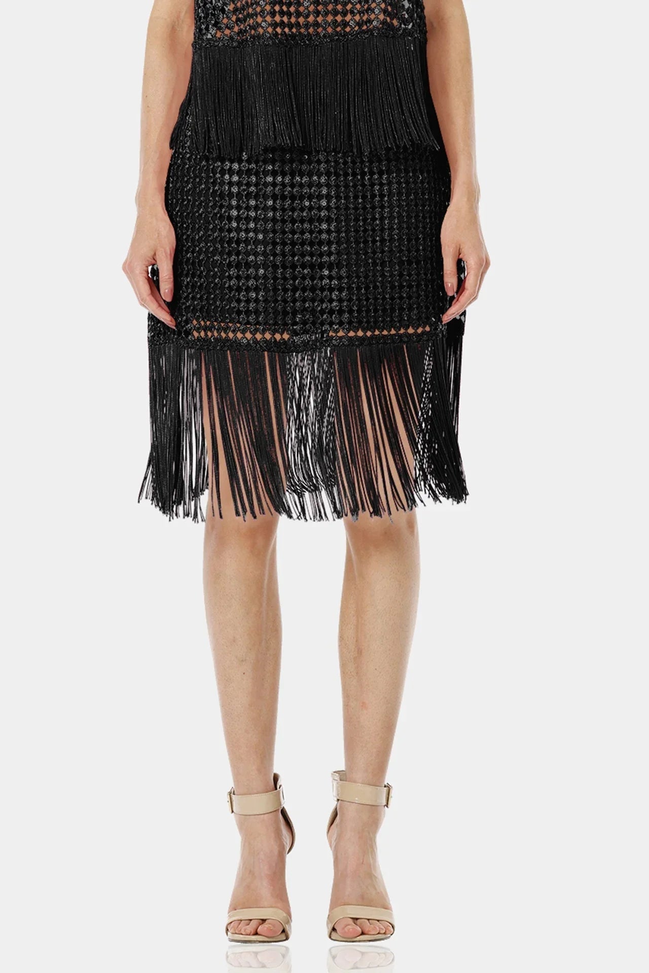 Black Woven Fringe Hem Skirt