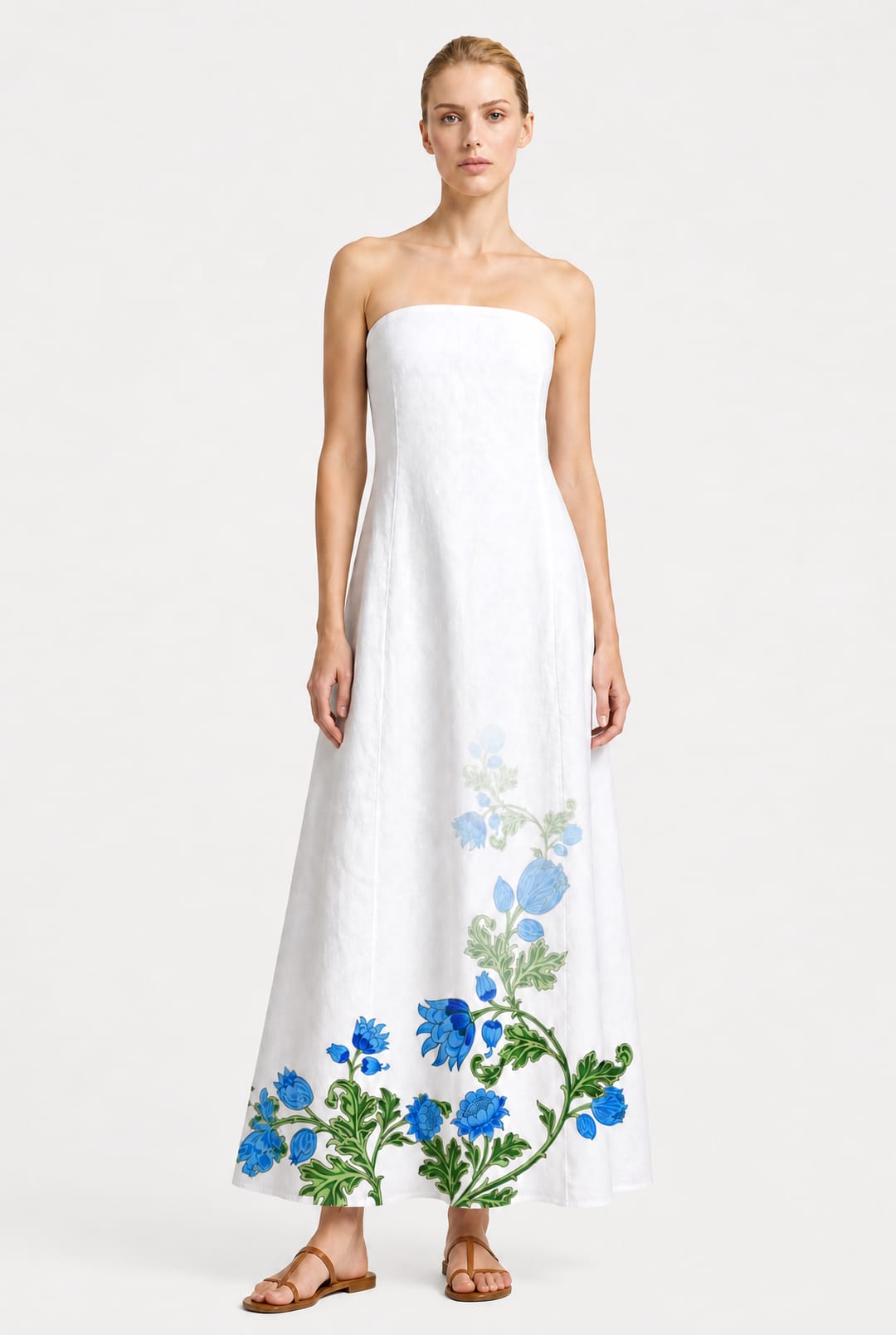 Blue and White Strapless Resort Maxi Dress with Pockets