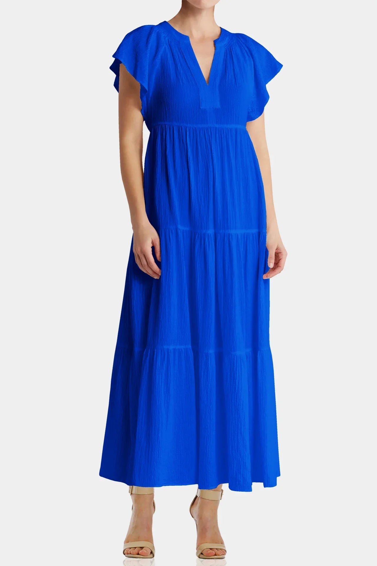 Blue Flutter Sleeve Long Dress