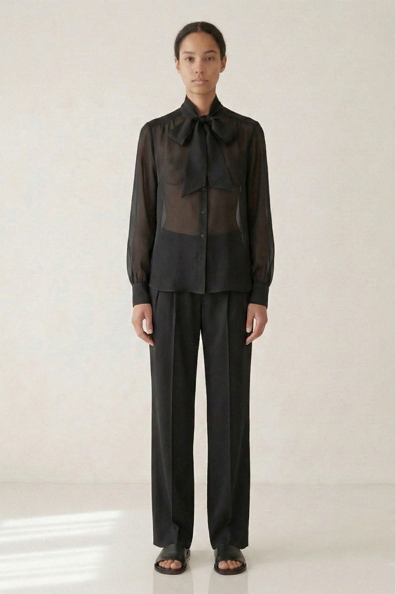 Black Sheer Organza Tie-Neck Shirt