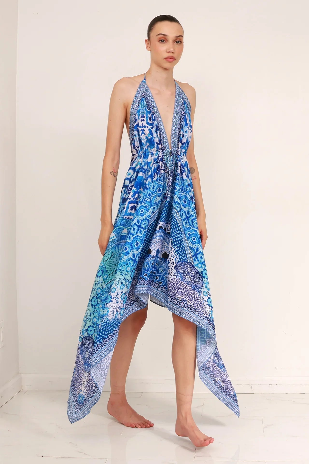 Blue Printed Scarf Dress