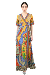 Baroque Print Wrap Dress in Sunset