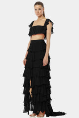 Almyra Black High Split Long Ruffle Skirt