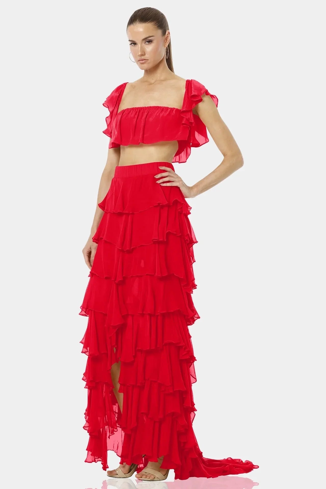 Almyra Flaming Red Ruffle Maxi Skirt With high Split