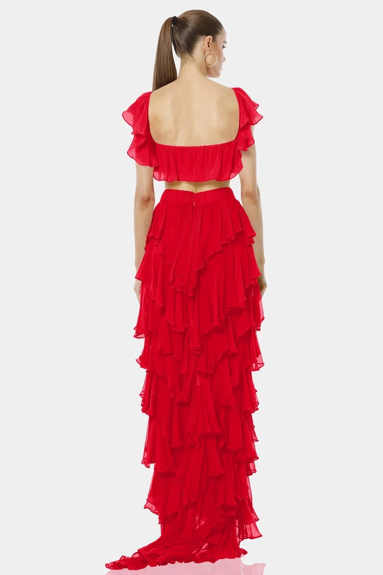 Almyra Flaming Red Ruffle Maxi Skirt With high Split