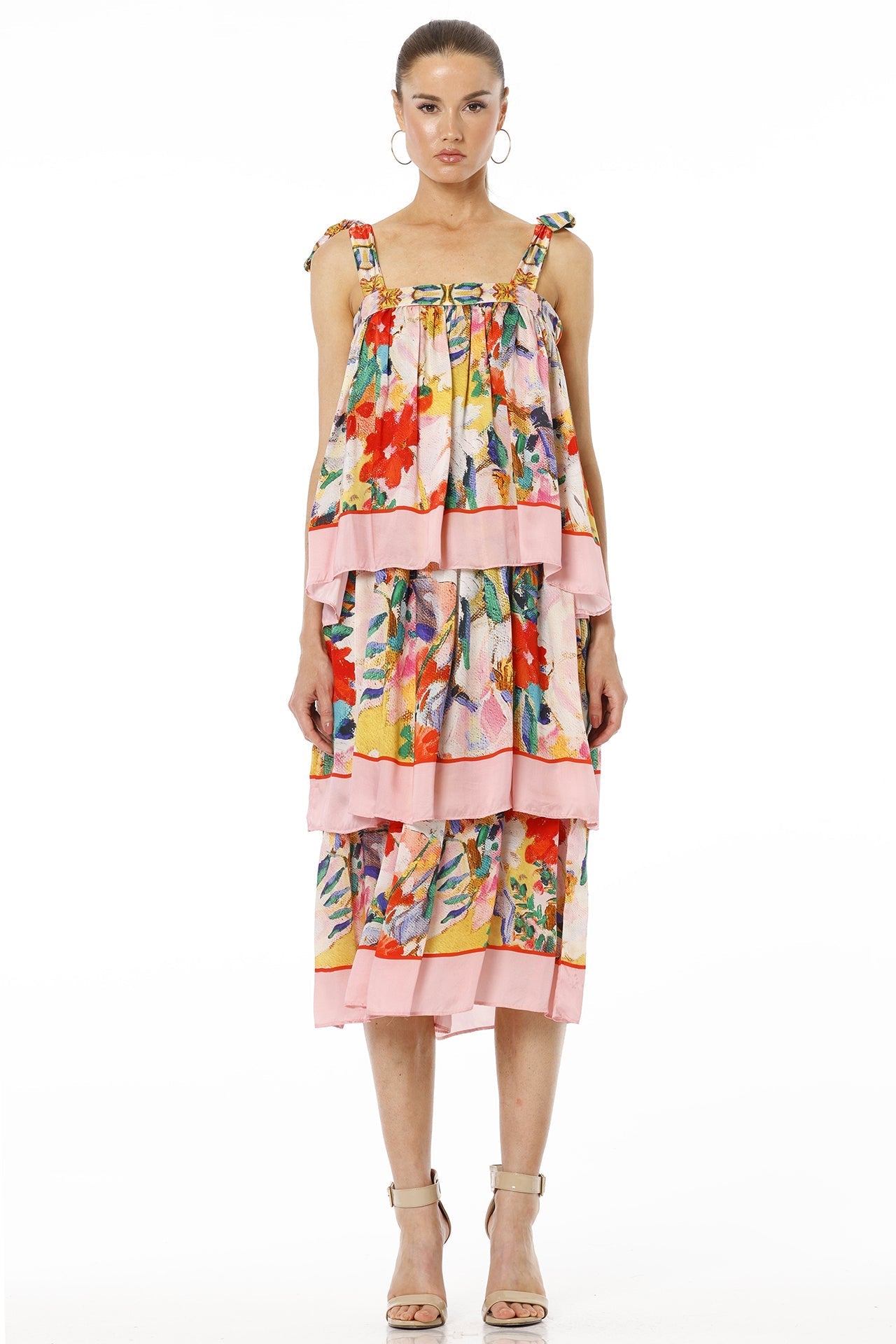 Adoria Short Multicolor Tiered Sleeveless Ruffle Midi Dress