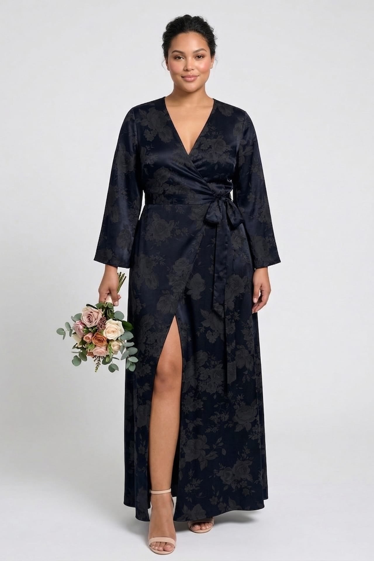 Black Long Sleeve Satin Maxi Dress – Formal Wedding Guest Dress
