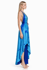 Blue Tie-Dye Embellished Halter High-Low Maxi Dress