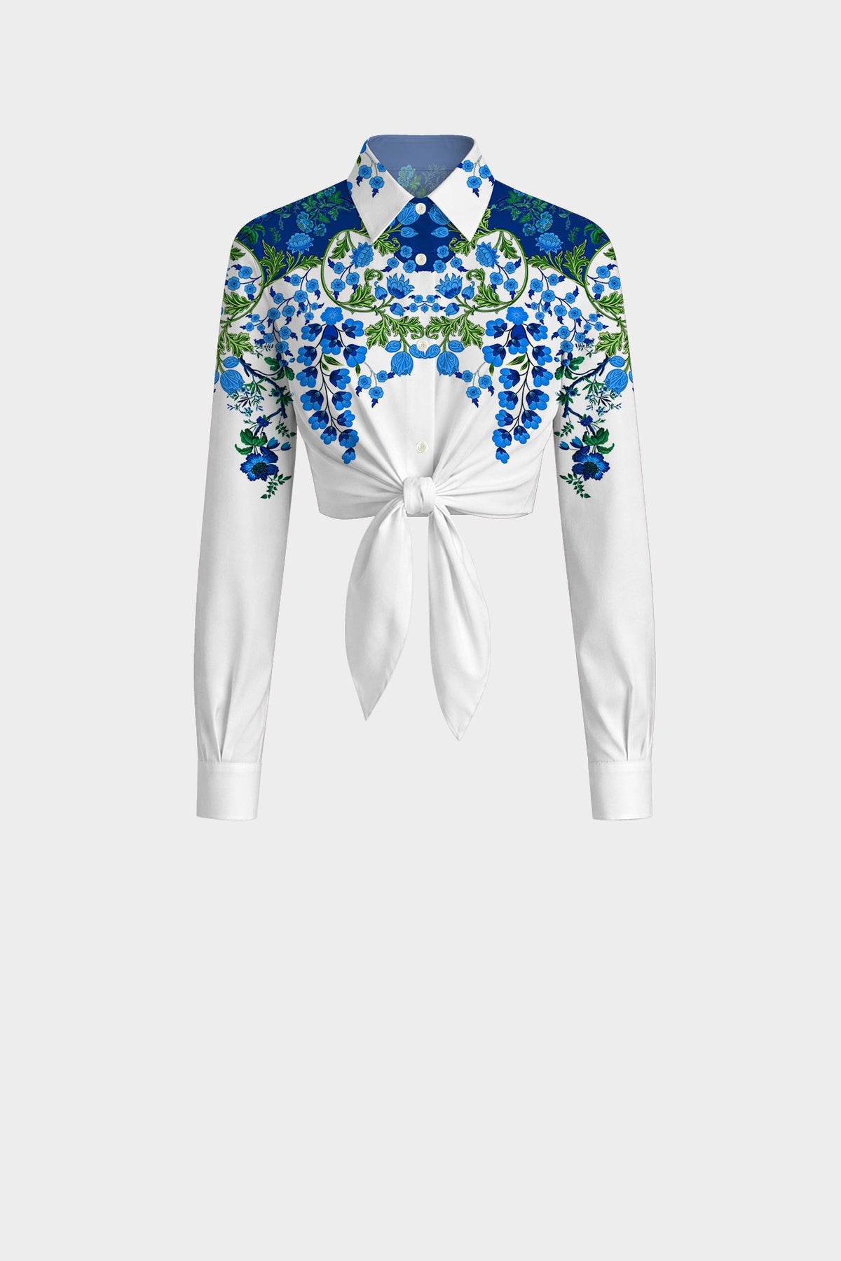Blue & White Floral Tie Front Resort Shirt