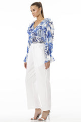 Blue Floral Print Top With Long Puff Sleeves