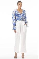 Blue Floral Print Top With Long Puff Sleeves