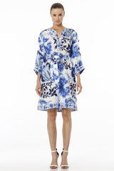 Blue And White Floral Midi Dress With Plunged Neckline