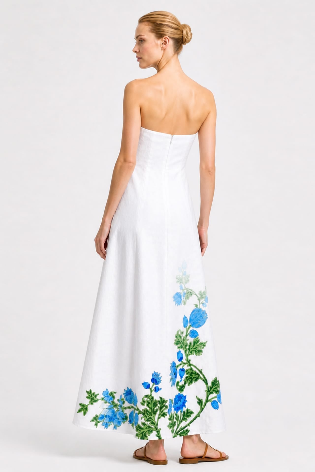 Blue and White Strapless Resort Maxi Dress with Pockets