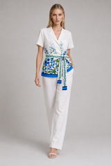 Blue Floral Belted Resort Top with Collar and Short Sleeves
