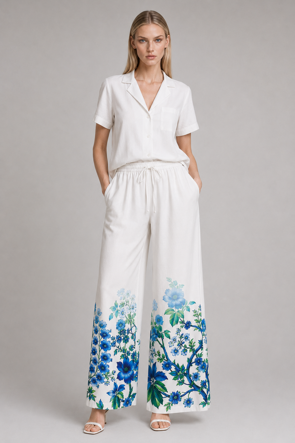 Blue Botanical Summer Trousers with Drawstring Waist and Relaxed Resort Fit