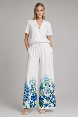 Blue Botanical Summer Trousers with Drawstring Waist and Relaxed Resort Fit