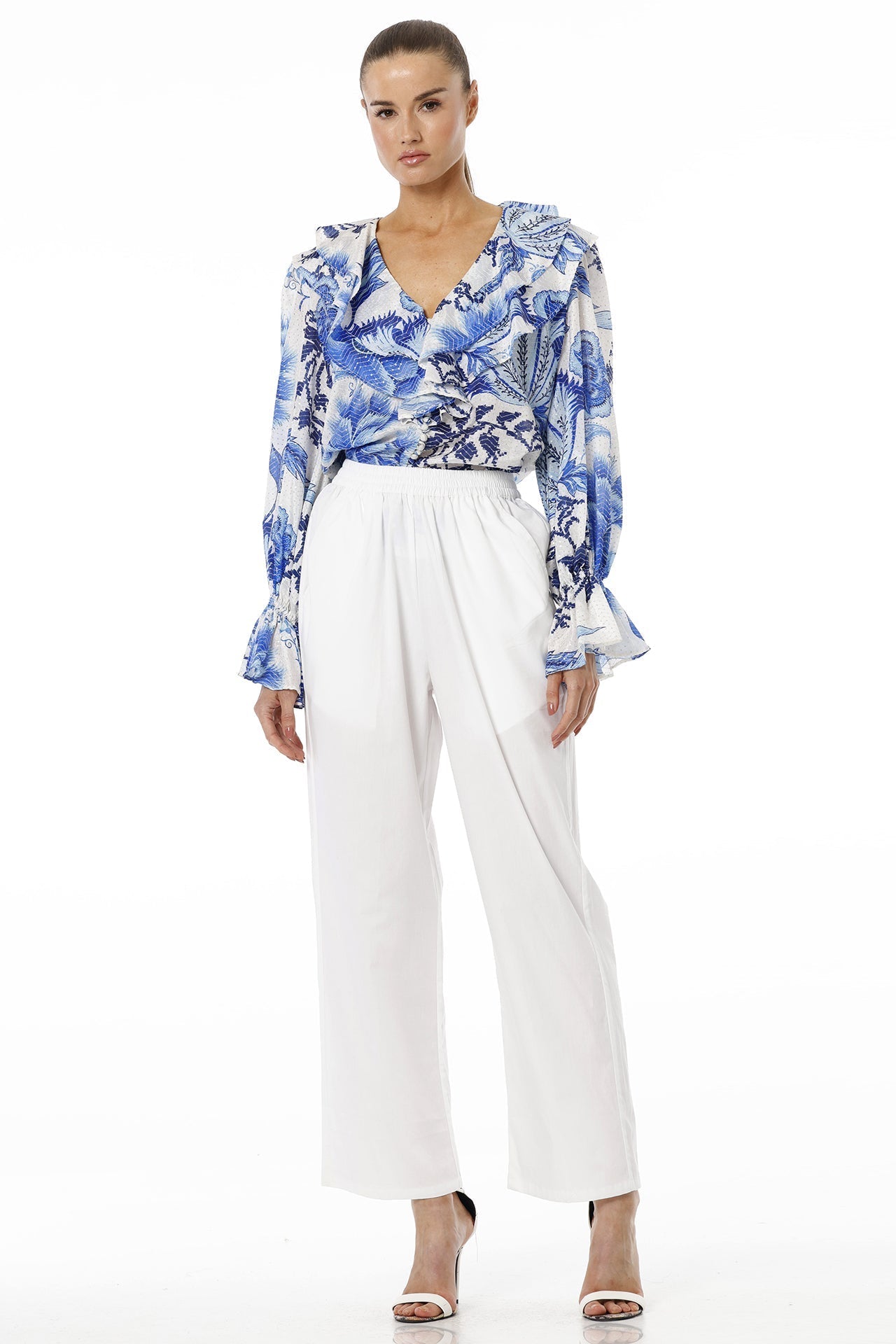 Blue Floral Print Top With Long Puff Sleeves