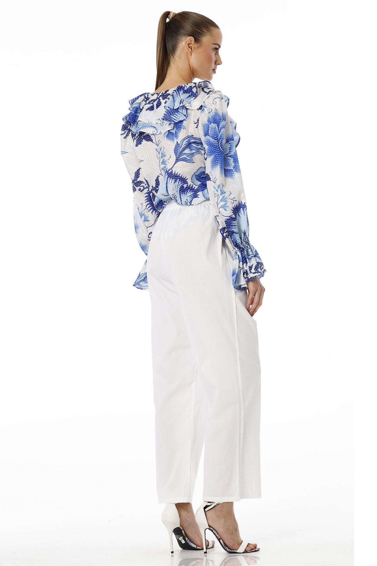 Blue Floral Print Top With Long Puff Sleeves