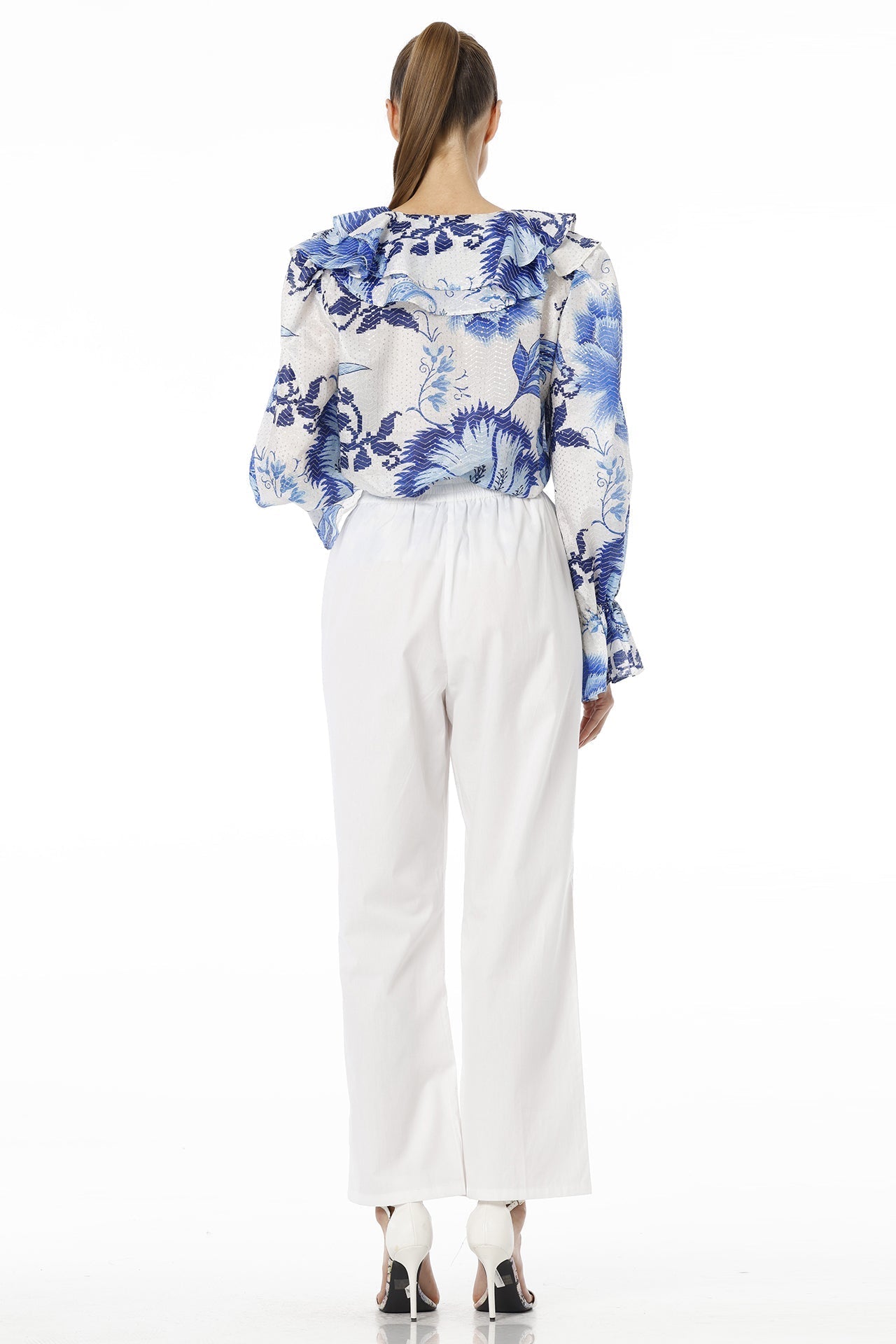 Blue Floral Print Top With Long Puff Sleeves