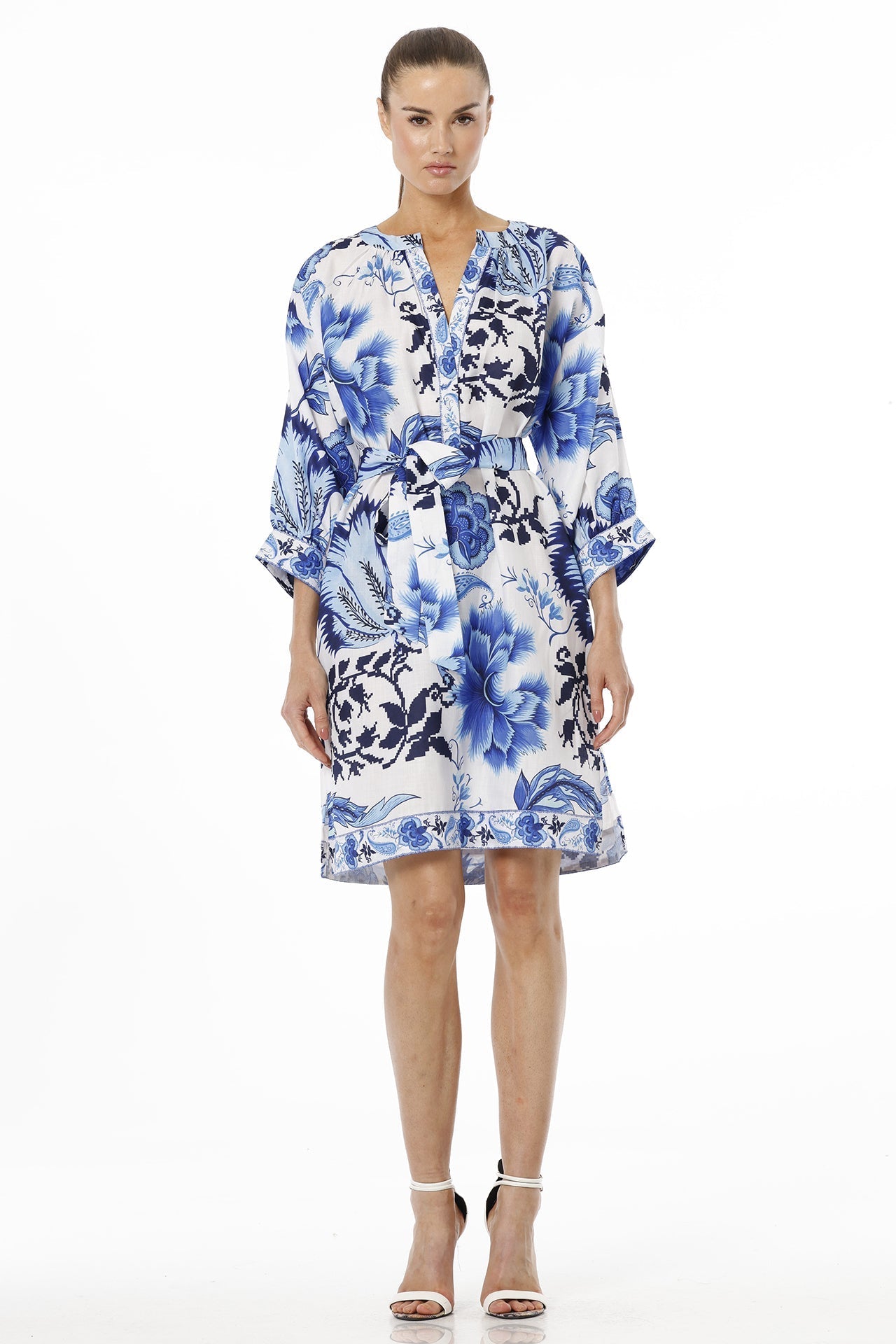 Blue And White Floral Midi Dress With Plunged Neckline