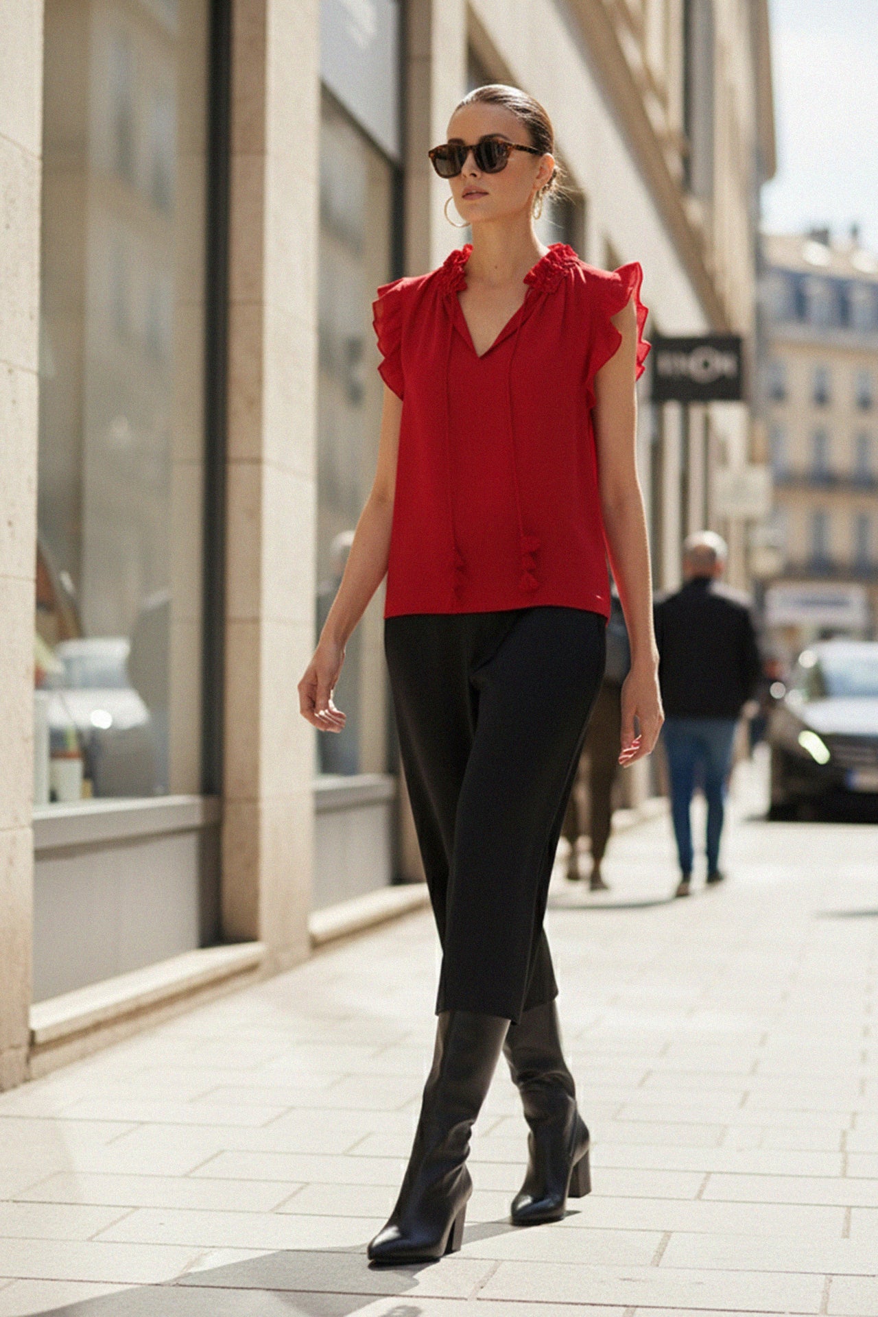 Aphrodite Red Short Top With Ruffle Sleeveless Design