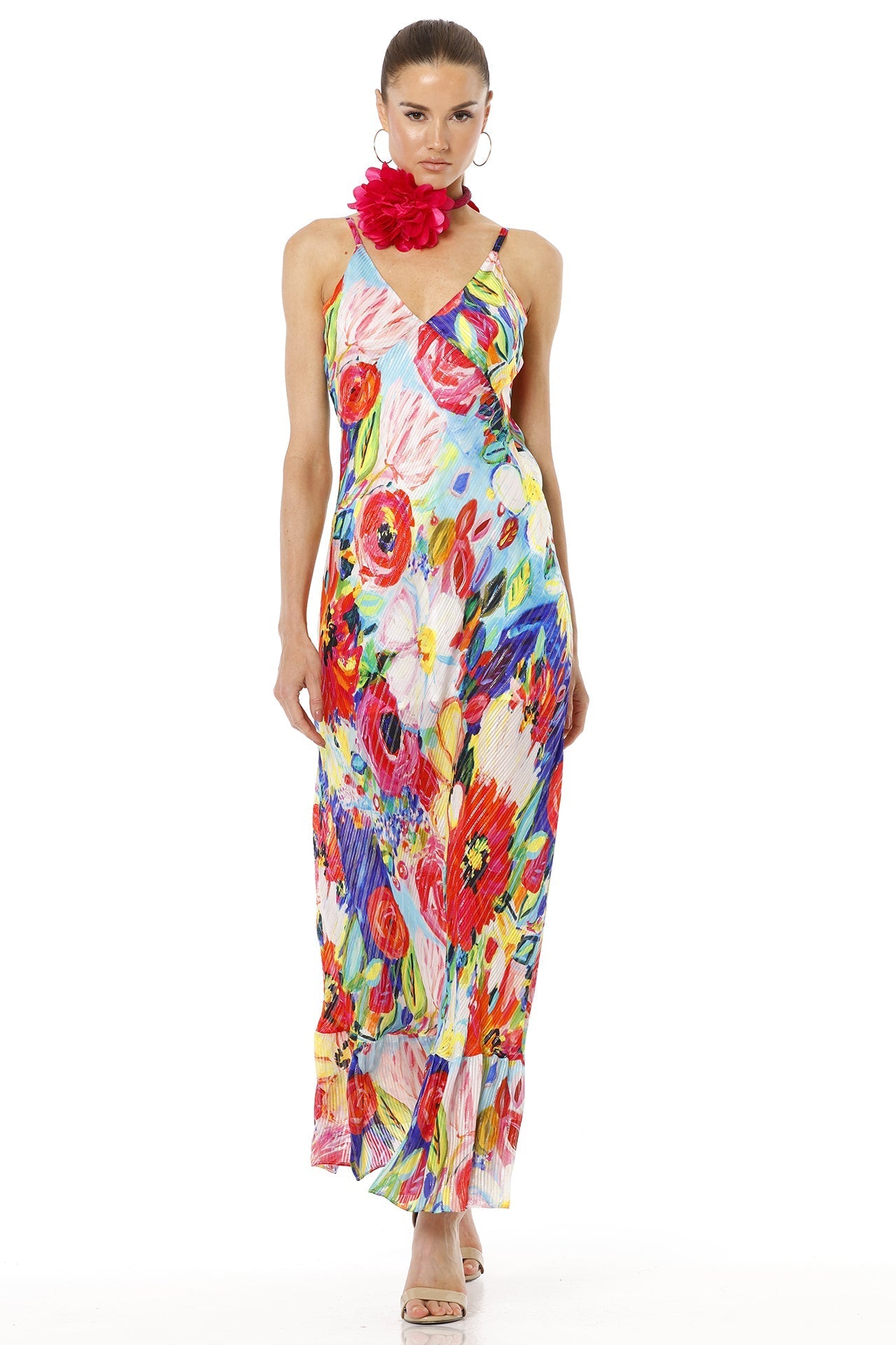 Bernadette Long Sleeveless Floral Print Multicolor Bias Gown