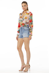 Above Blue Collar Neck Floral Multicolor Shirt For Women With Long Sleeves
