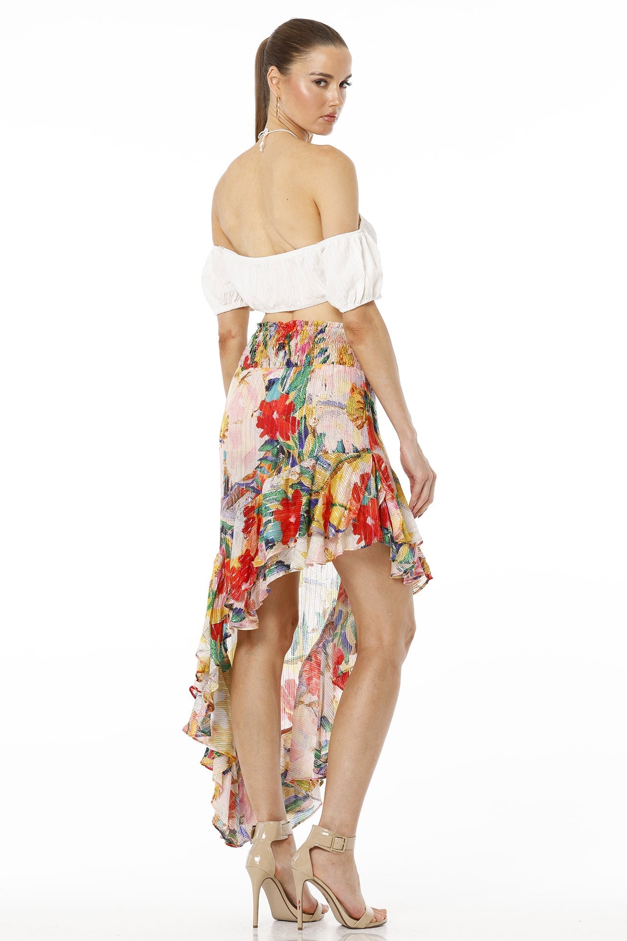 Amore Floral Print High Low Multicolor Skirt