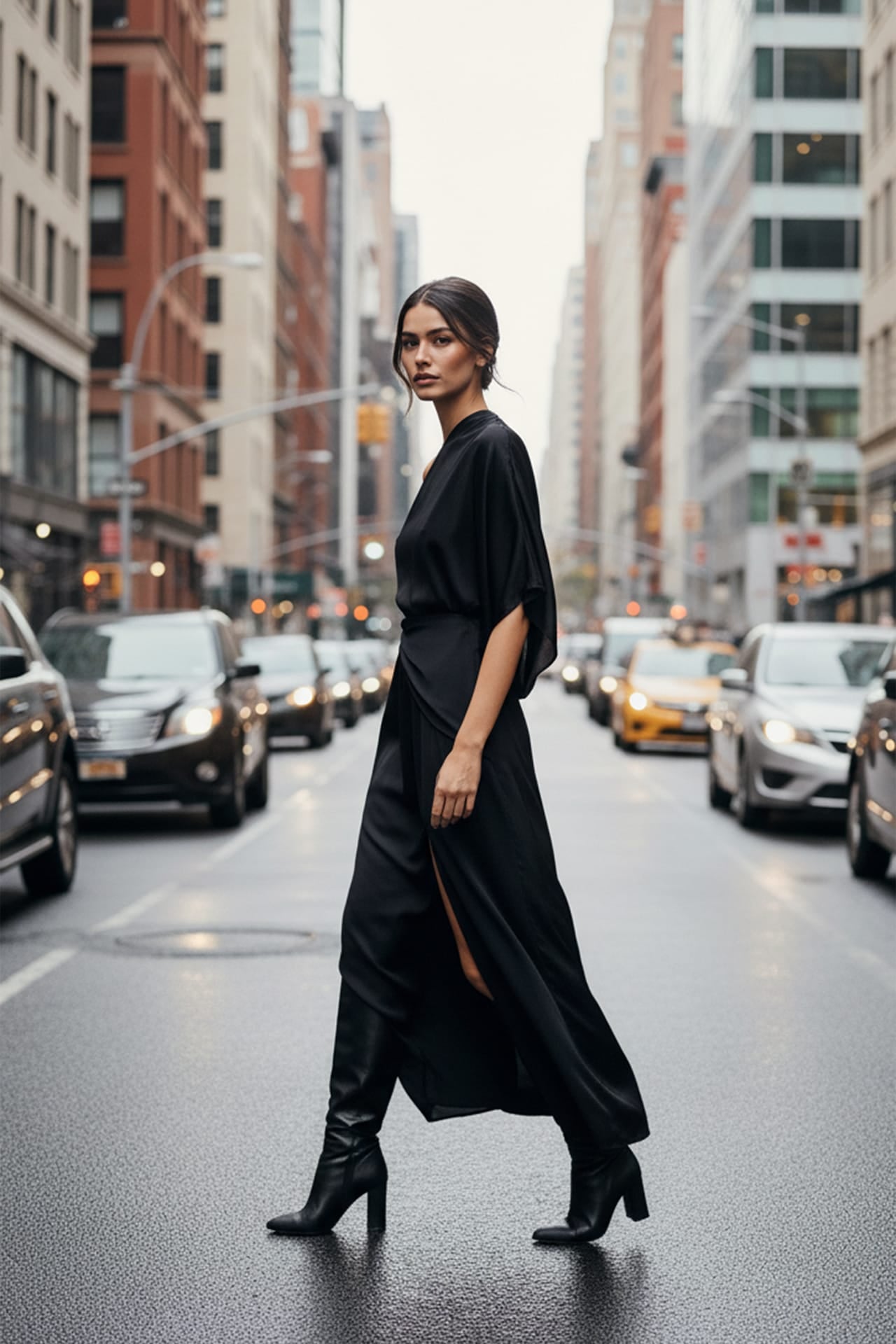 Black One Sleeve Maxi Dress- Side split silk evening dress