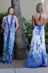 Blue Royal Scroll Print Halter Maxi Dress