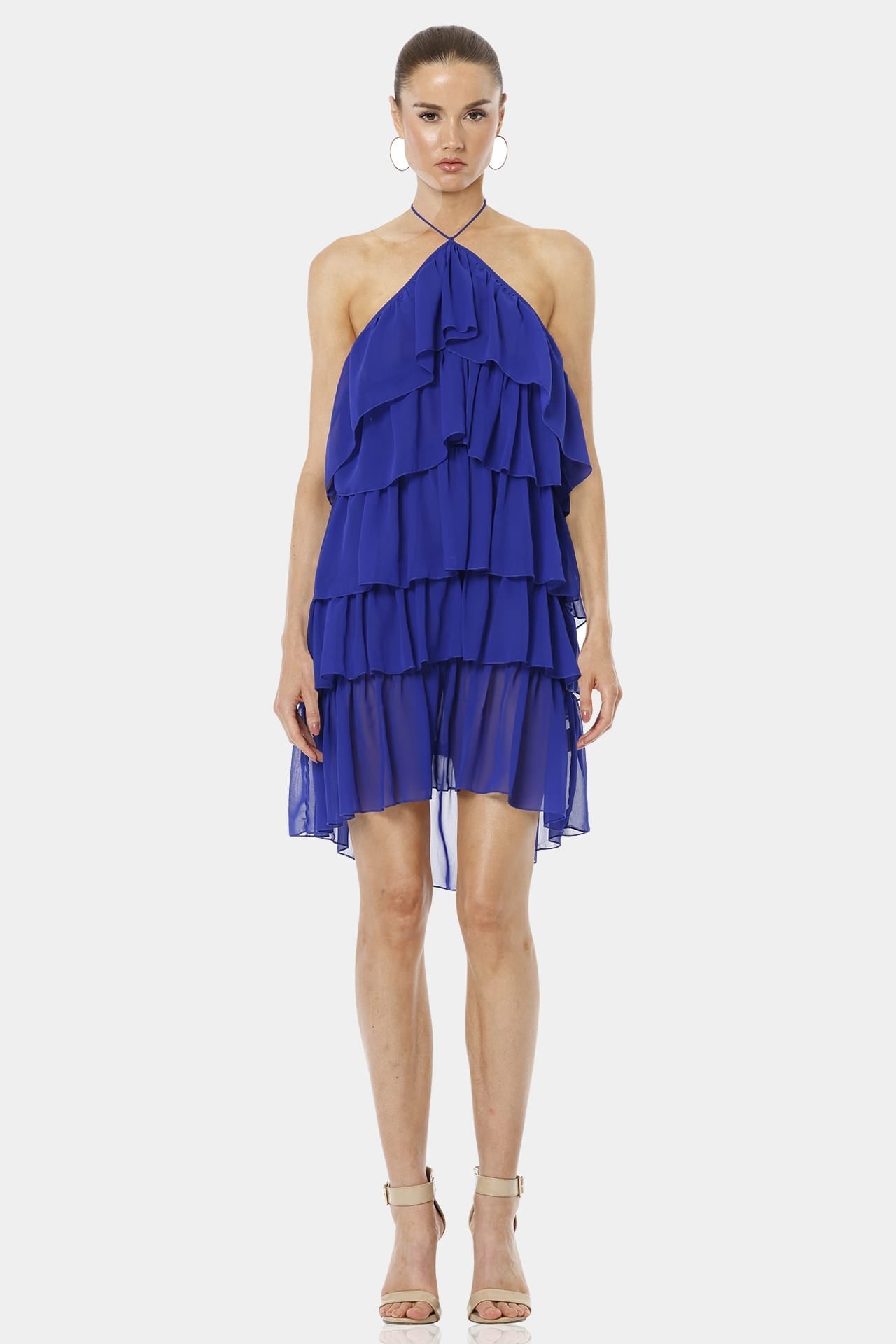 Blue Mini Ruffle Dress With Cross Neckline