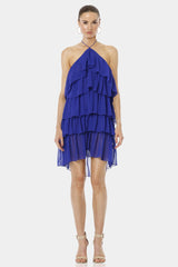 Blue Mini Ruffle Dress With Cross Neckline