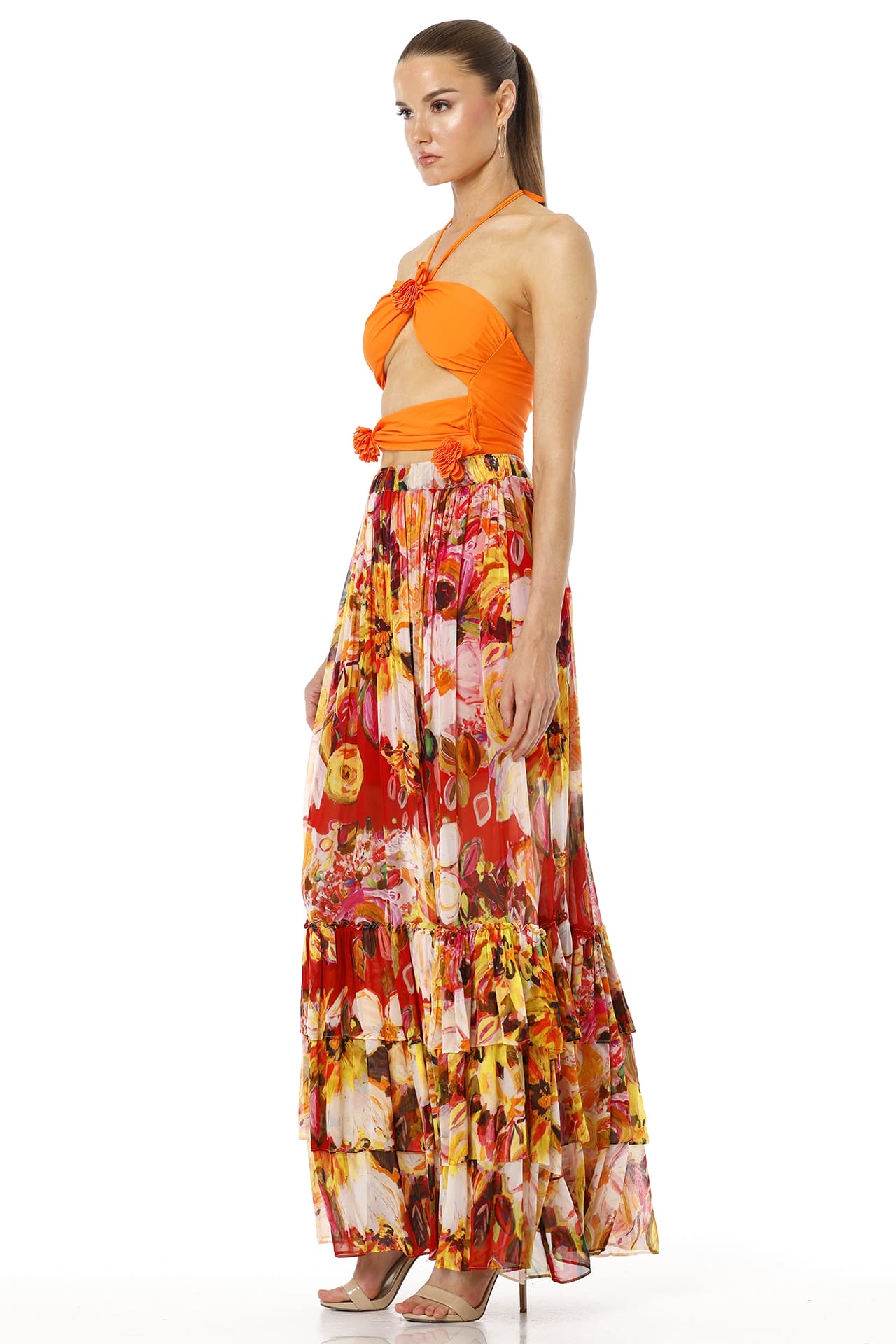 Aello Long Floral Printed Tiered Maxi Skirt
