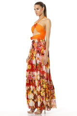 Aello Long Floral Printed Tiered Maxi Skirt