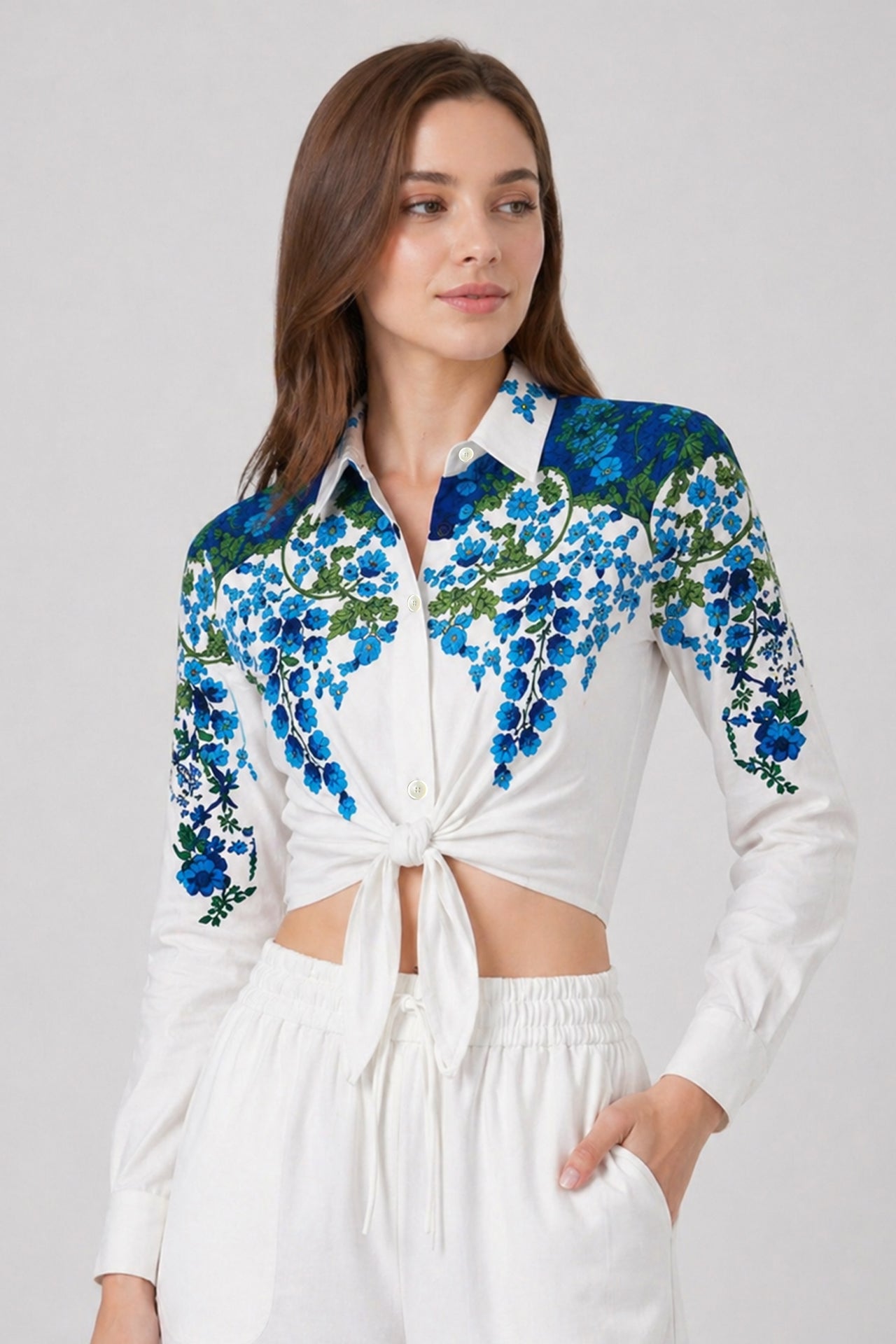 Blue & White Floral Tie Front Resort Shirt