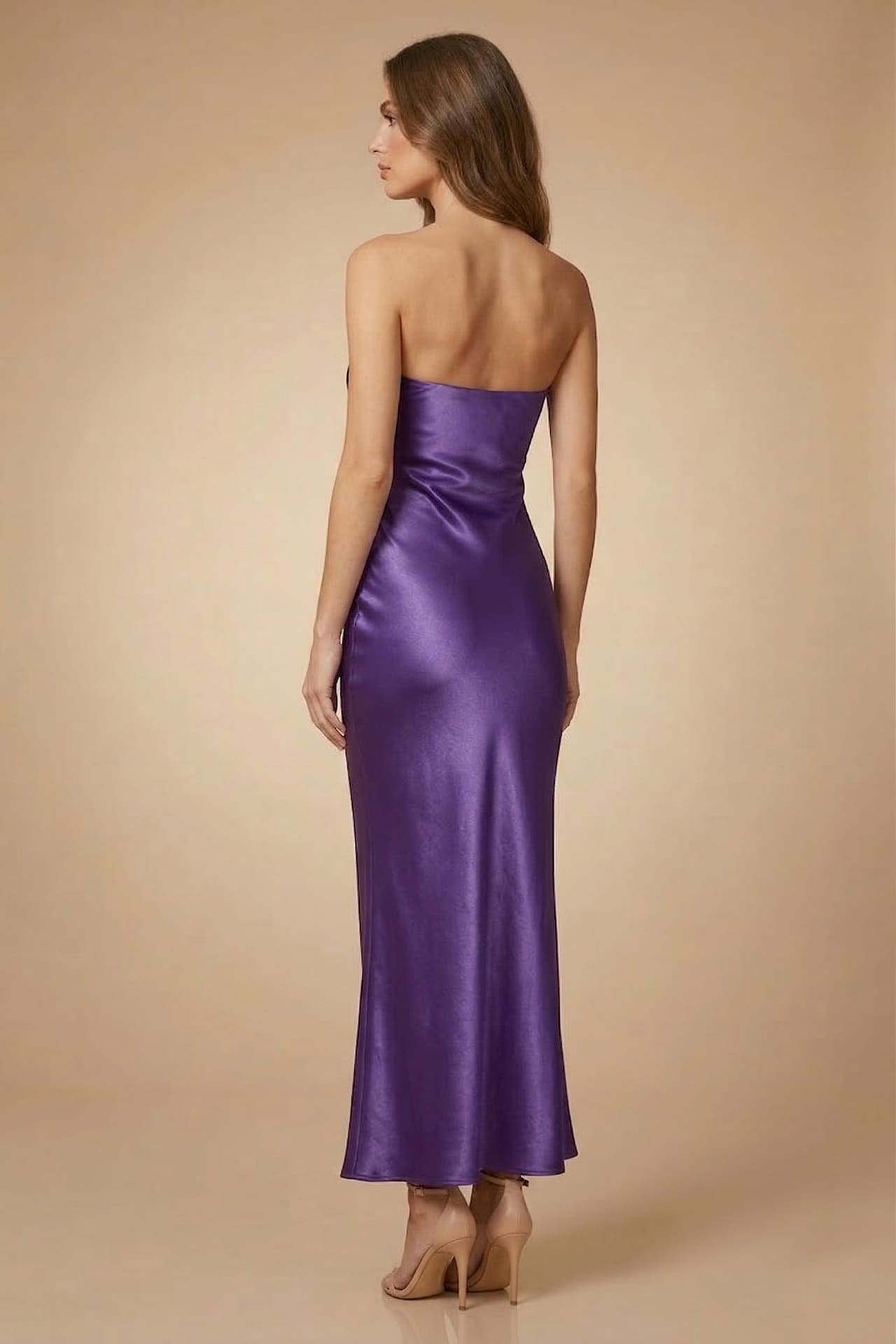 Amethyst Strapless Satin Midi Bridesmaid Dress for Wedding