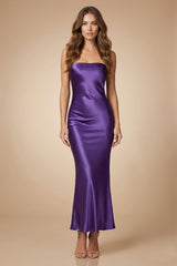 Amethyst Strapless Satin Midi Bridesmaid Dress for Wedding