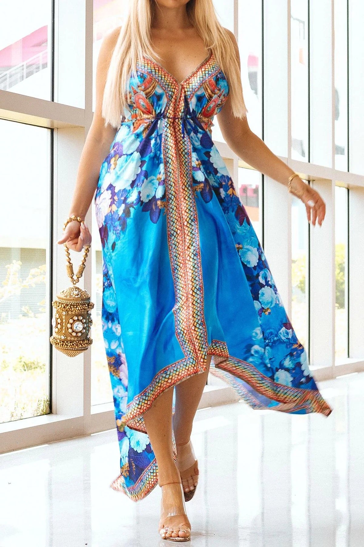 Azure Bloom Boho High-Low Maxi Dress