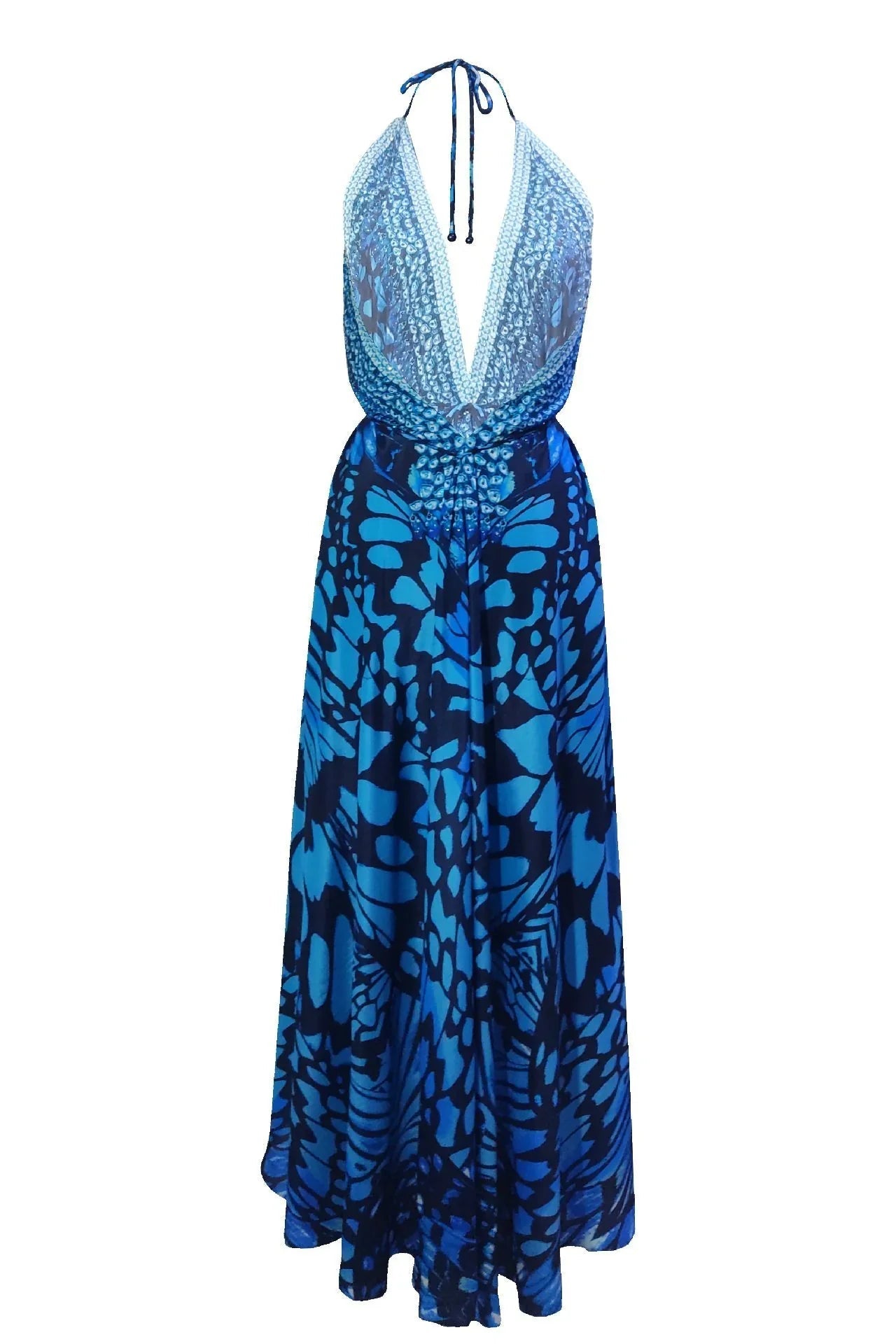 Azure Butterfly Silk Halter Maxi Dress
