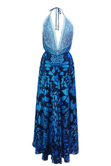 Azure Butterfly Silk Halter Maxi Dress