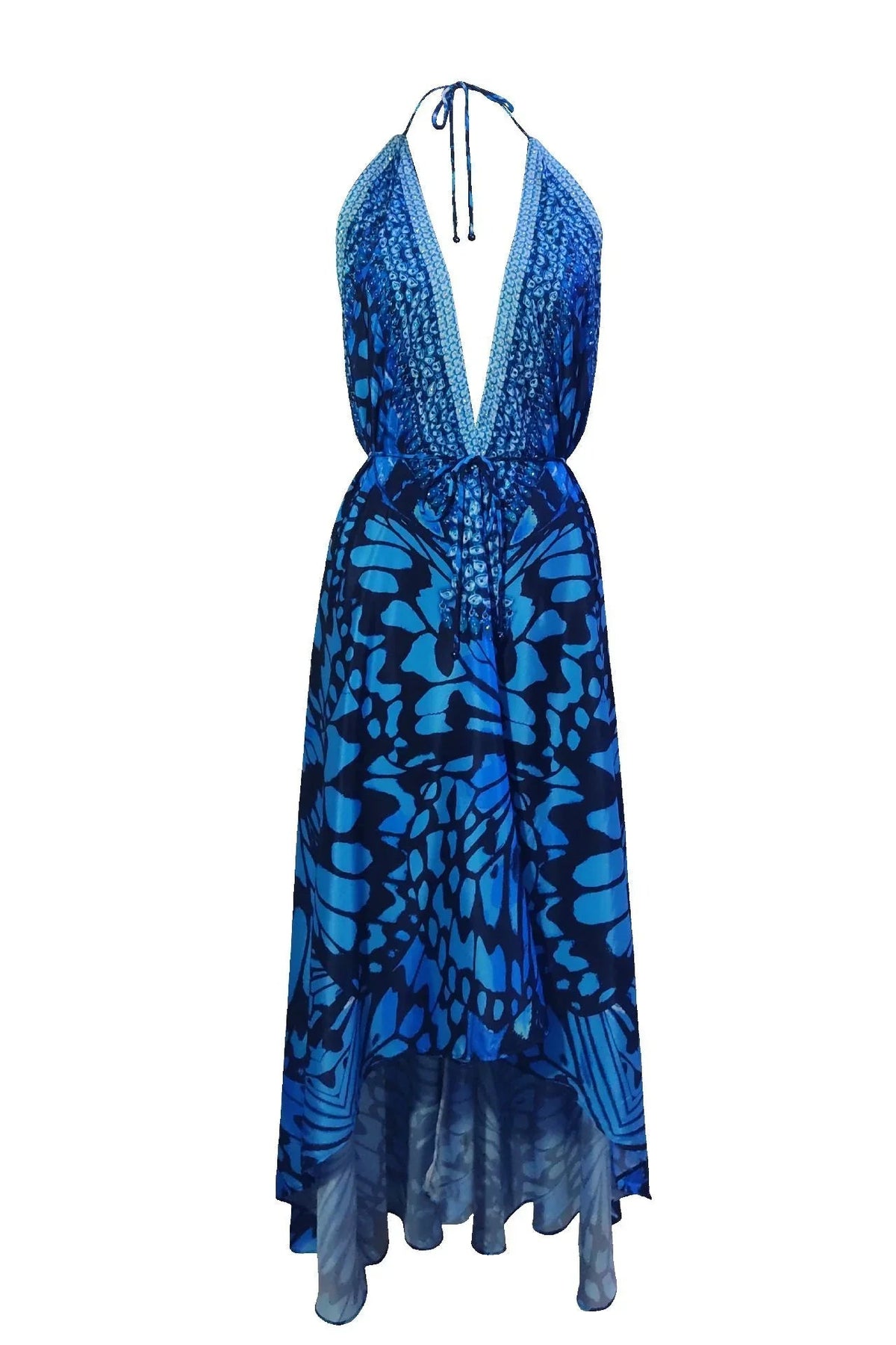 Azure Butterfly Silk Halter Maxi Dress