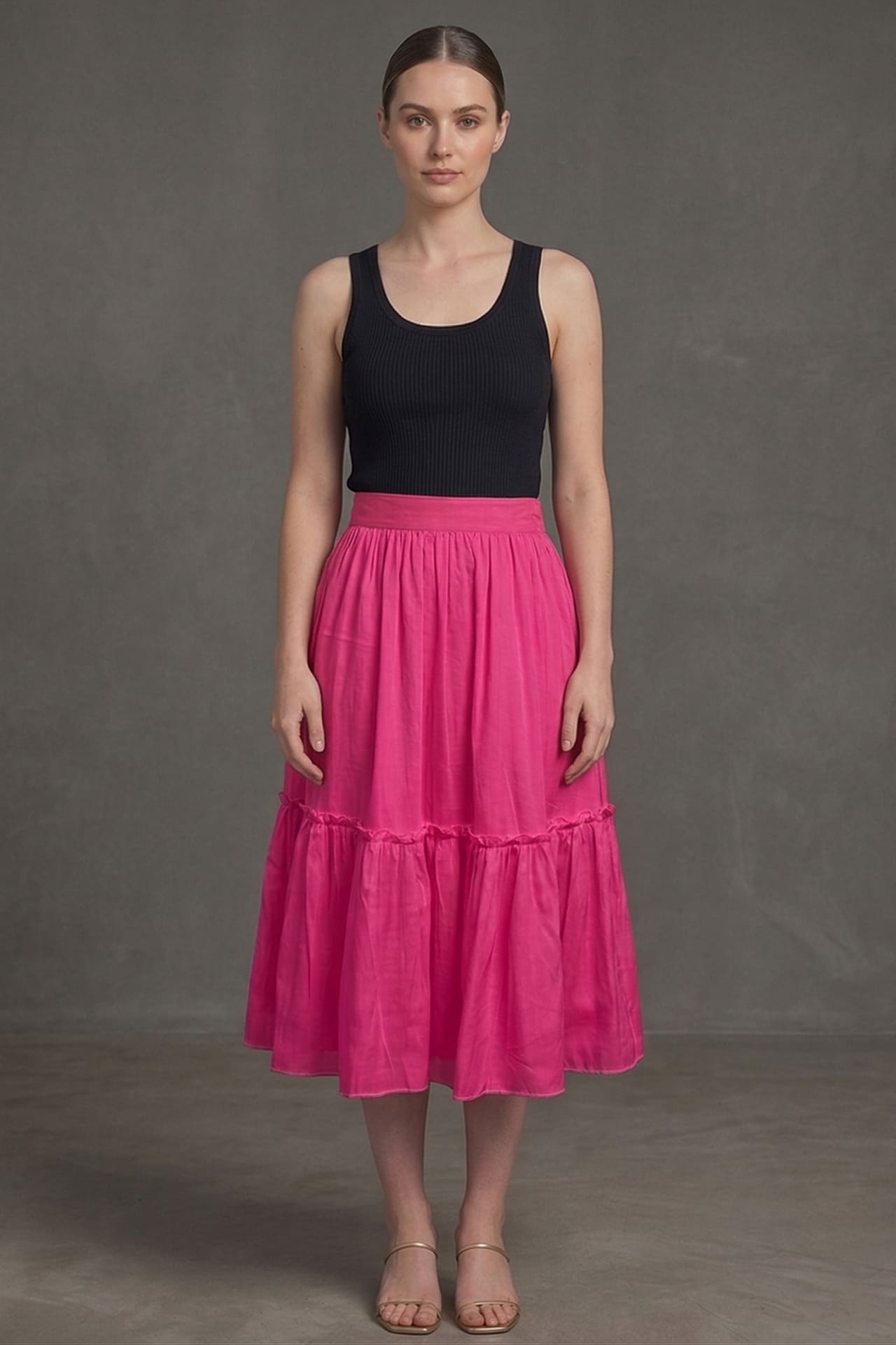 Barbie Pink Satin Midi Skirt with Ruffle Hem