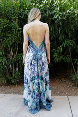 Azure Baroque Silk Scarf Maxi Dress