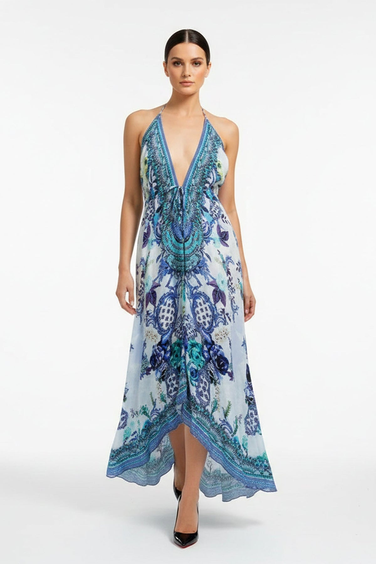 Azure Baroque Silk Scarf Maxi Dress