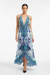 Azure Baroque Silk Scarf Maxi Dress